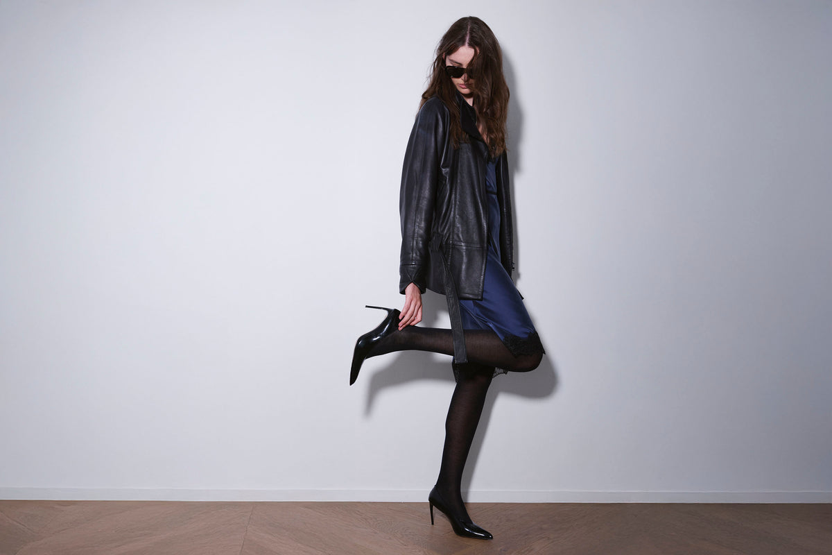 LACE SLIP DRESS BLUE SILK SATIN RUNWAY