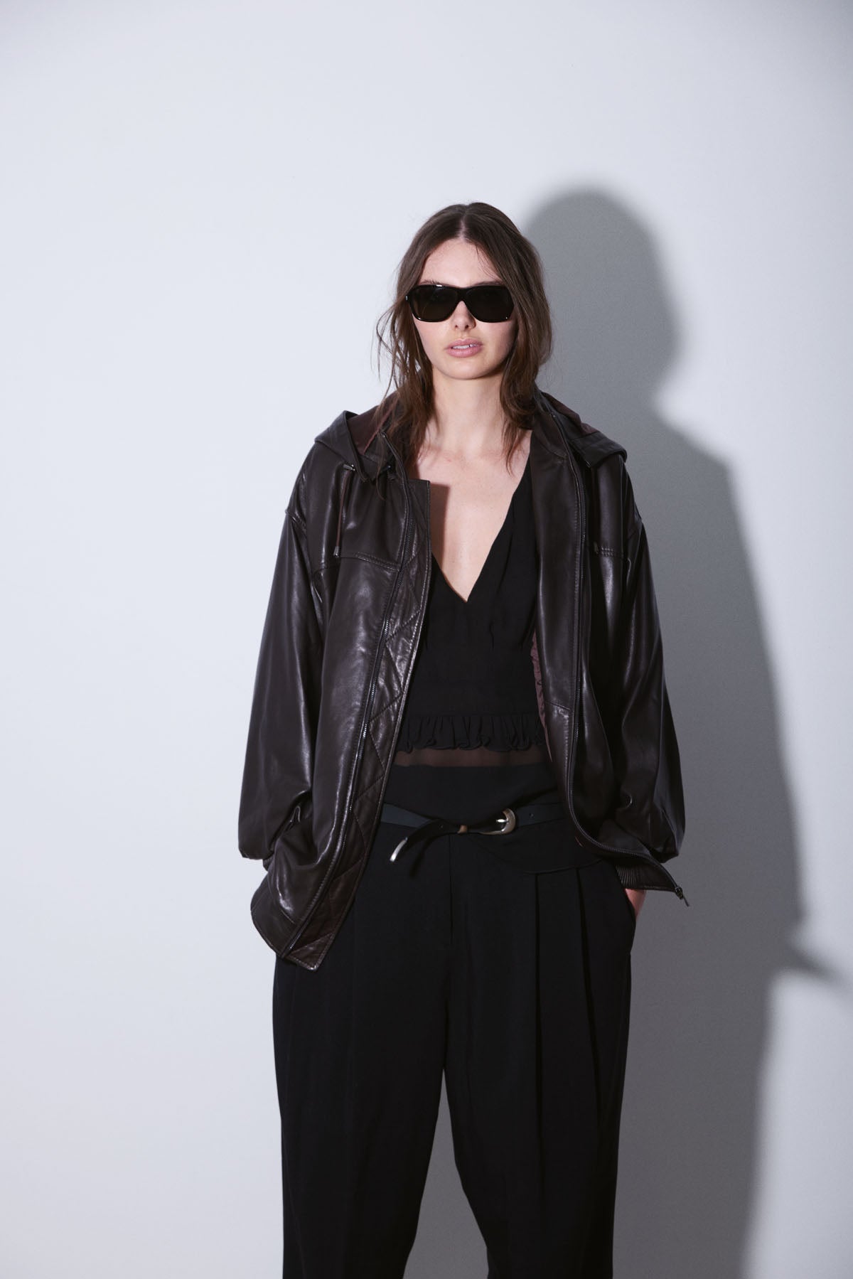 HOODED LEATHER BOMBER DARKEST BROWN