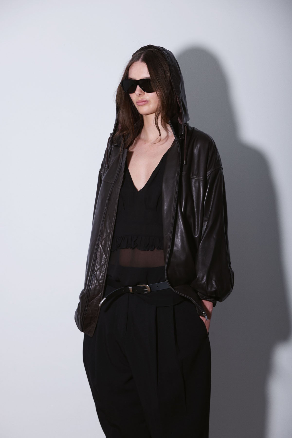 HOODED LEATHER BOMBER DARKEST BROWN