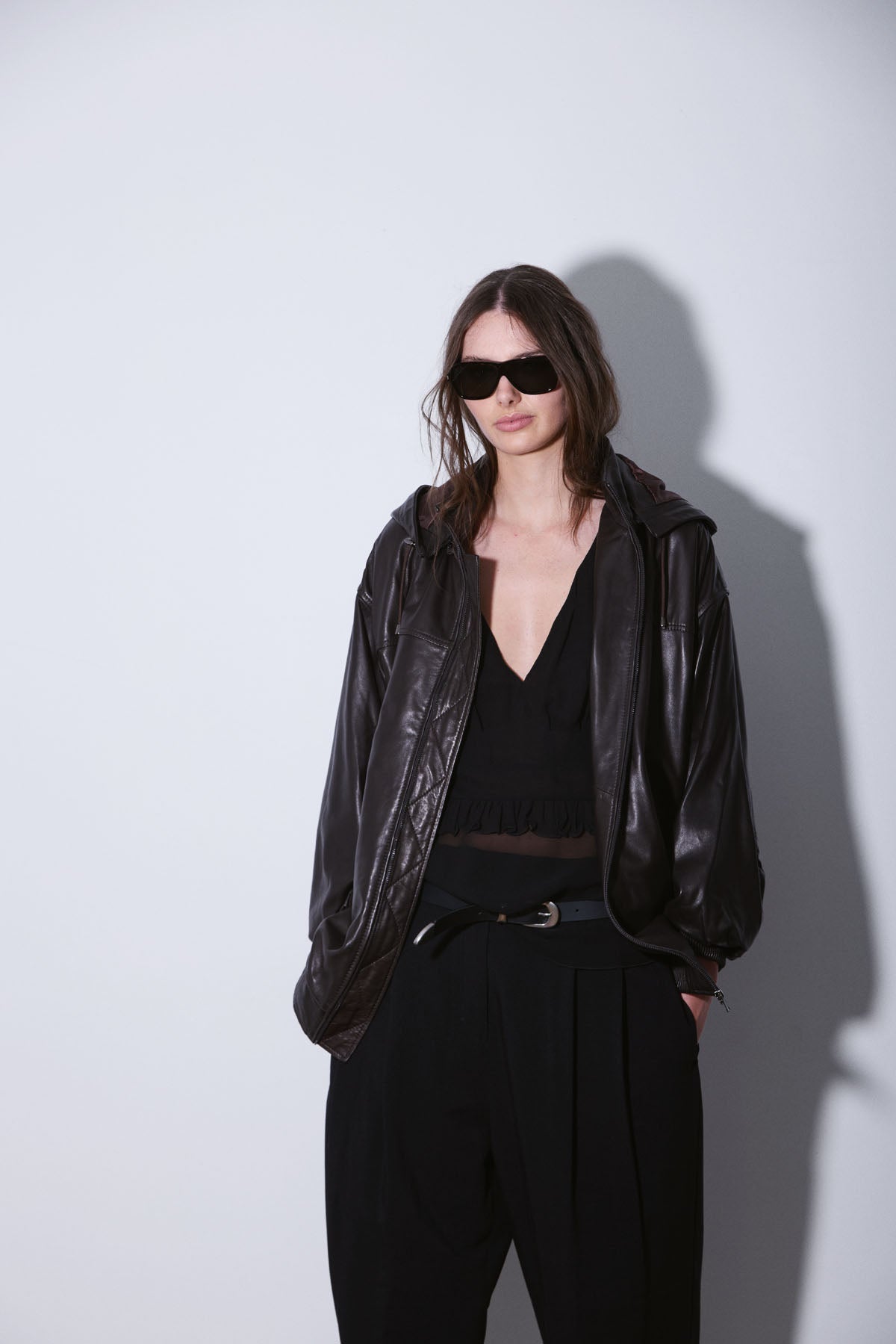 HOODED LEATHER BOMBER DARKEST BROWN