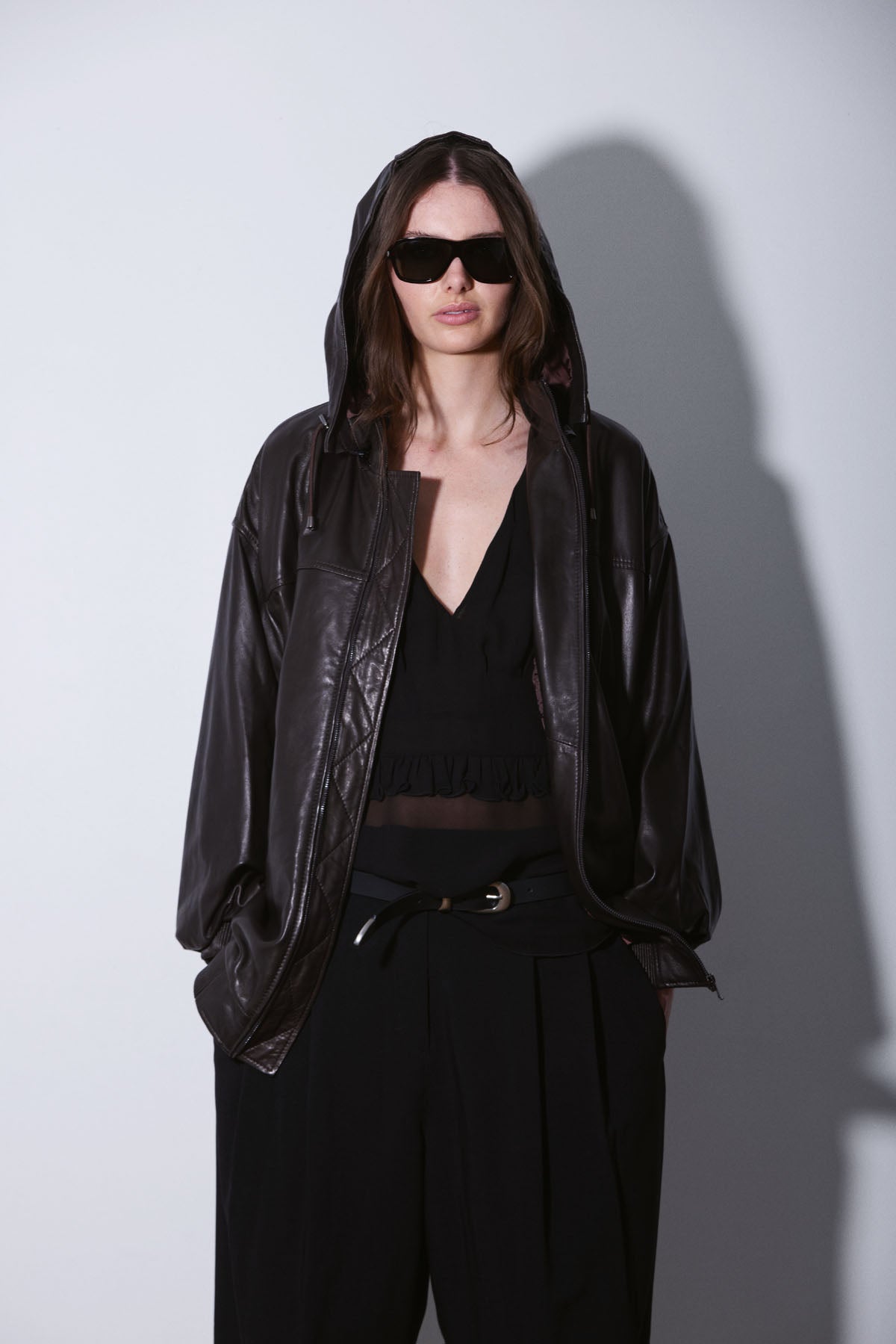 HOODED LEATHER BOMBER DARKEST BROWN