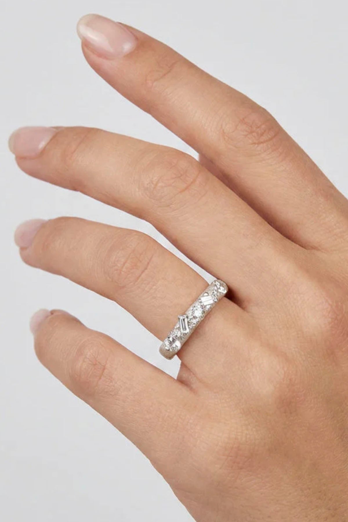 CONSTALLATION BAND SILVER AND MOISSANITE GEMSTONE RING