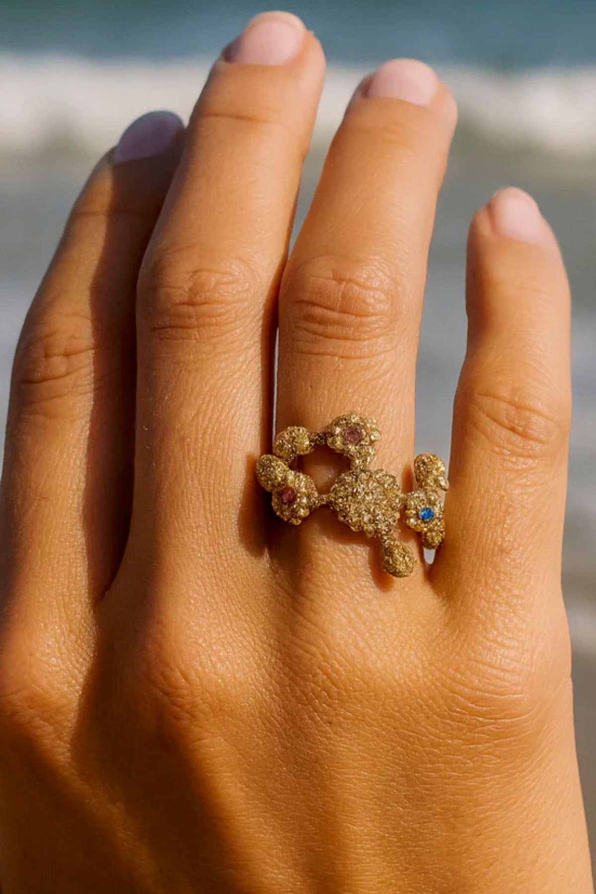 CORAL RING GOLD PLATED SILVER & LAB-GROWN SAPPHIRE RING