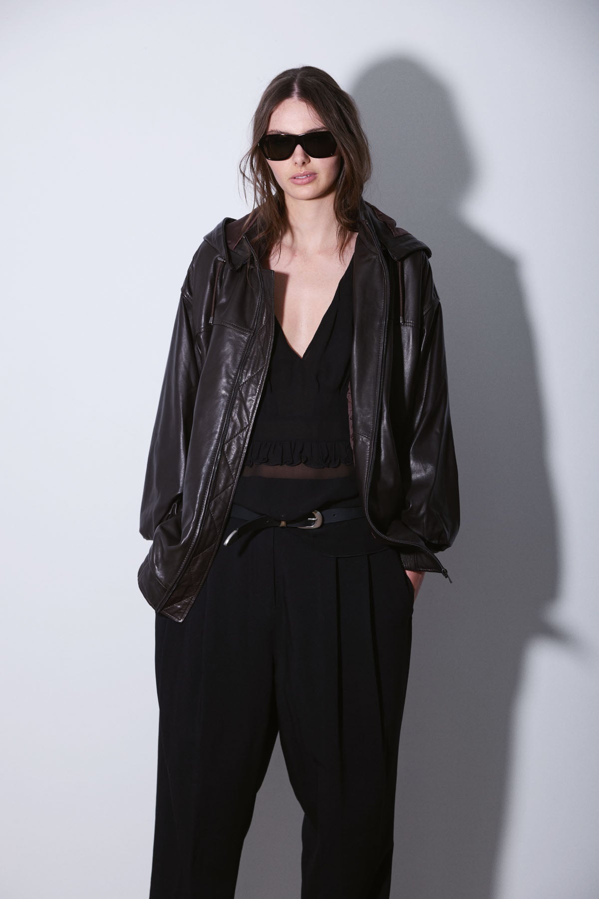 HOODED LEATHER BOMBER DARKEST BROWN