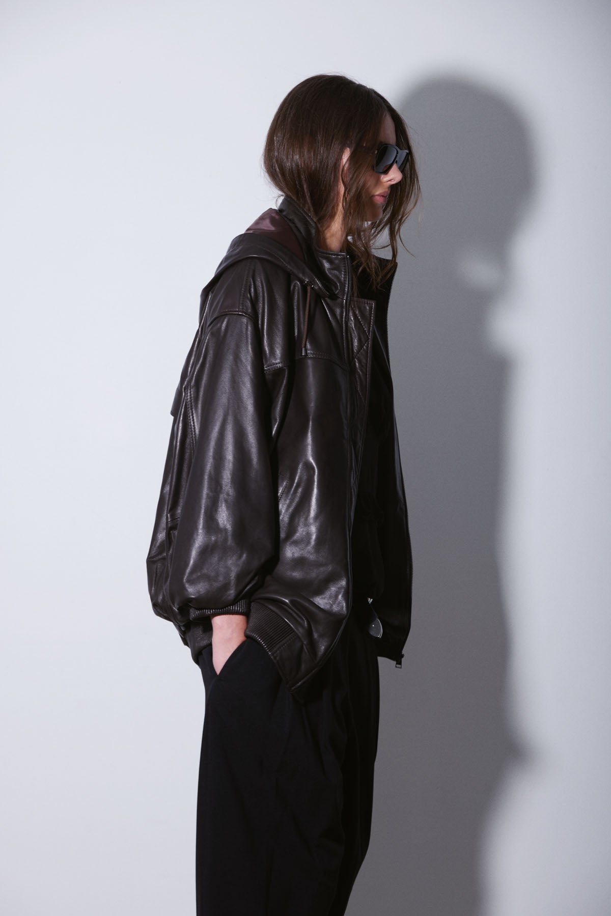 HOODED LEATHER BOMBER DARKEST BROWN