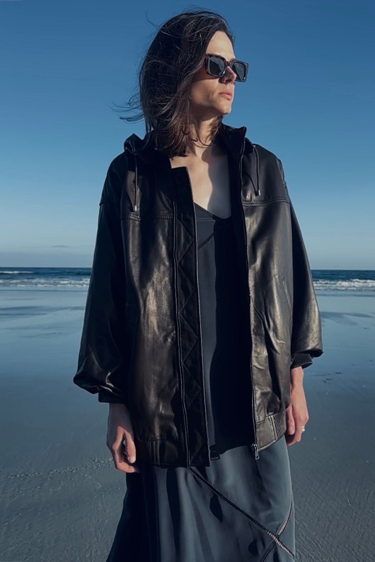 HOODED LEATHER JACKET DARKEST BROWN