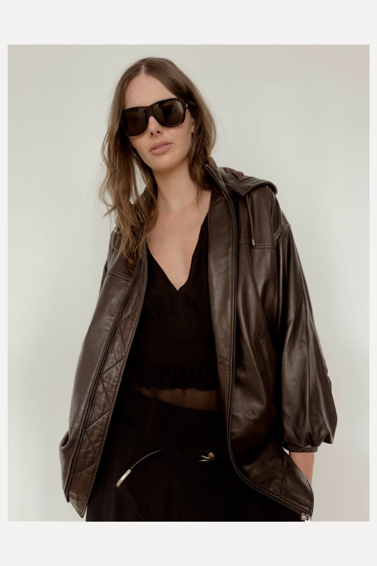 HOODED LEATHER BOMBER DARKEST BROWN