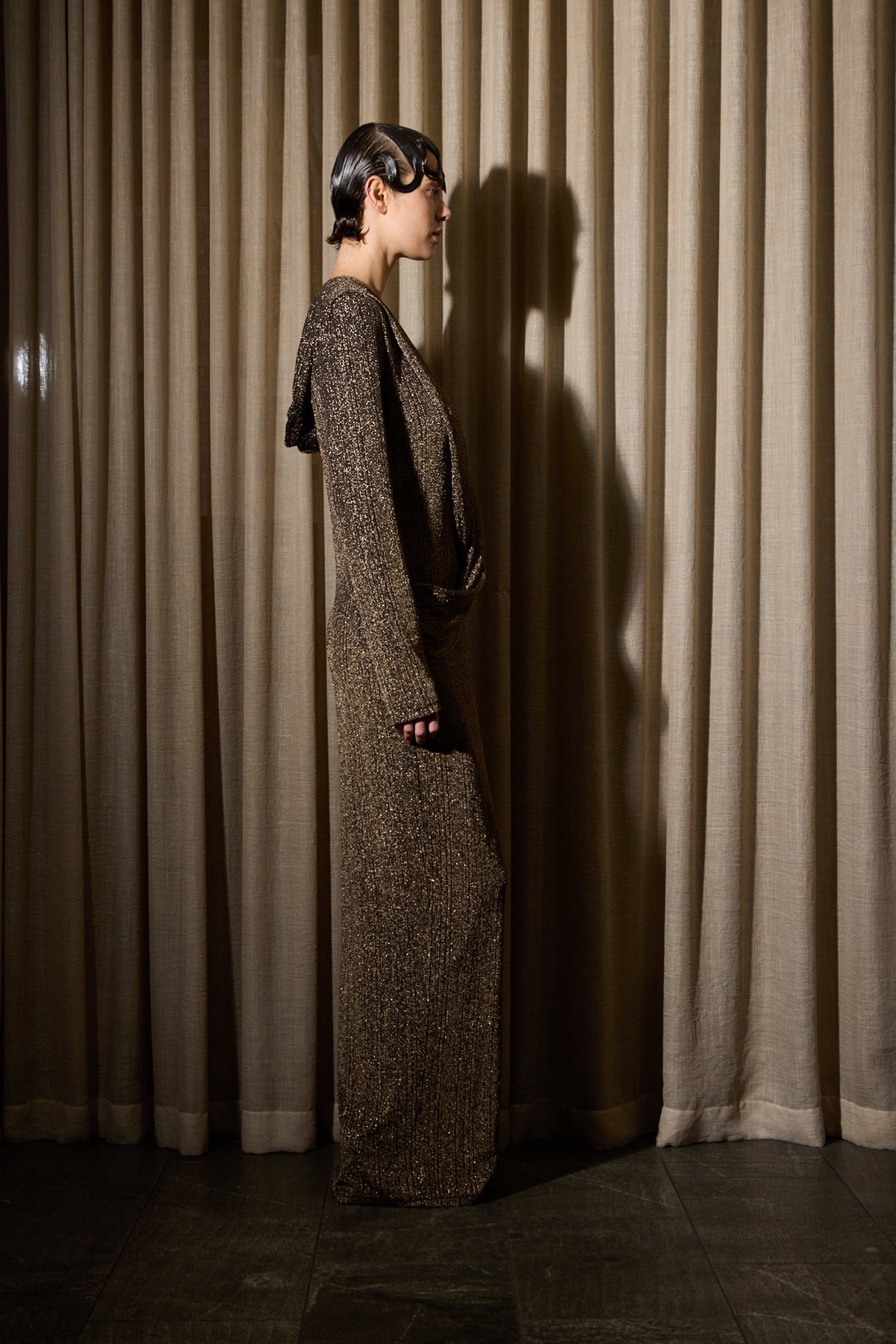GOLD LUREX HOODED DRESS RUNWAY