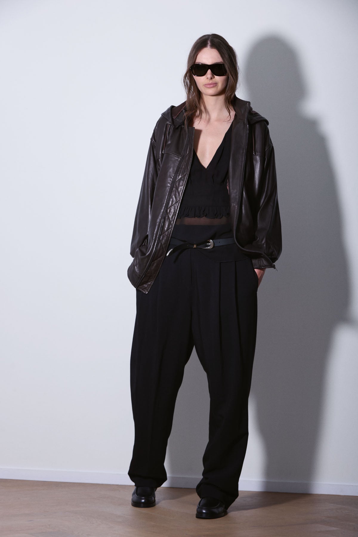 HOODED LEATHER BOMBER DARKEST BROWN