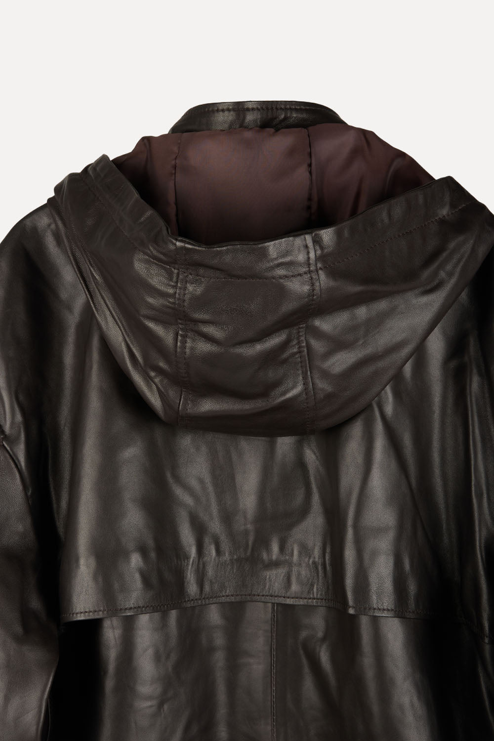 HOODED LEATHER BOMBER DARKEST BROWN