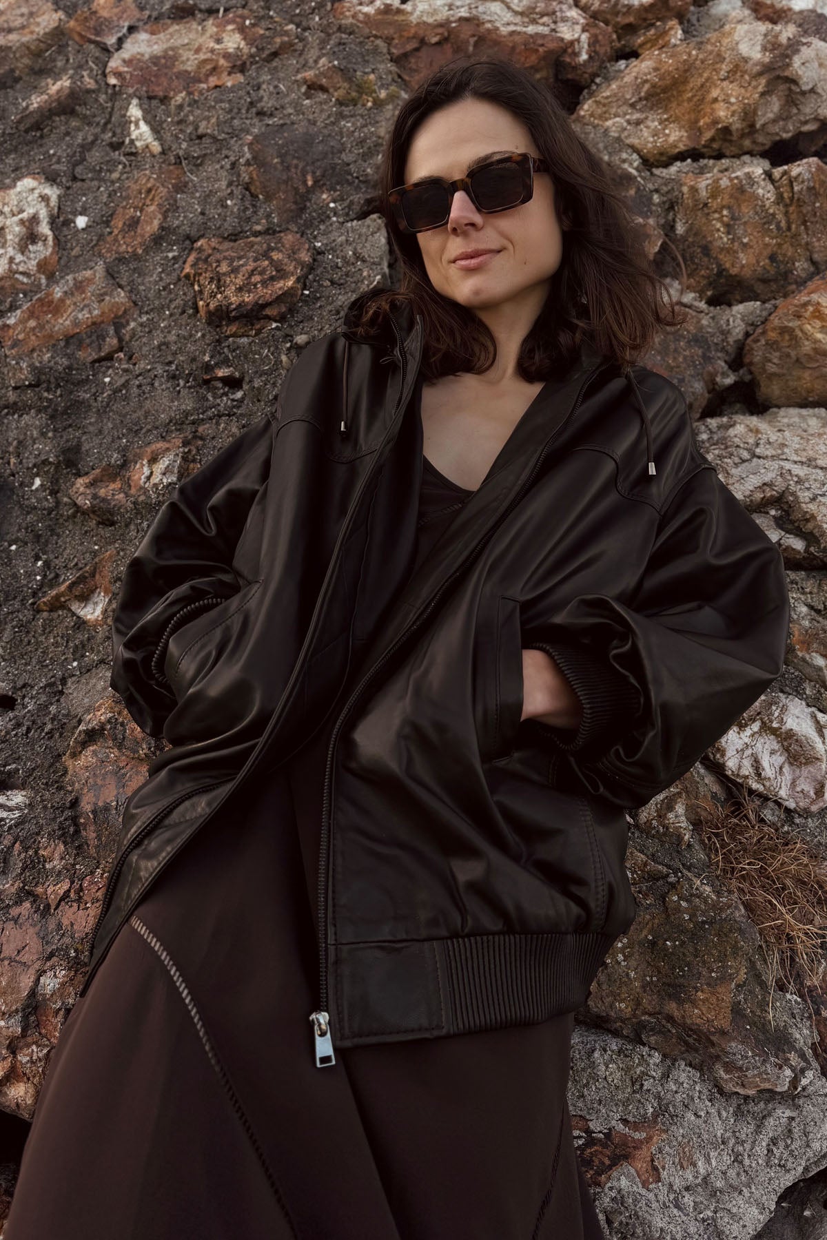 HOODED LEATHER JACKET DARKEST BROWN