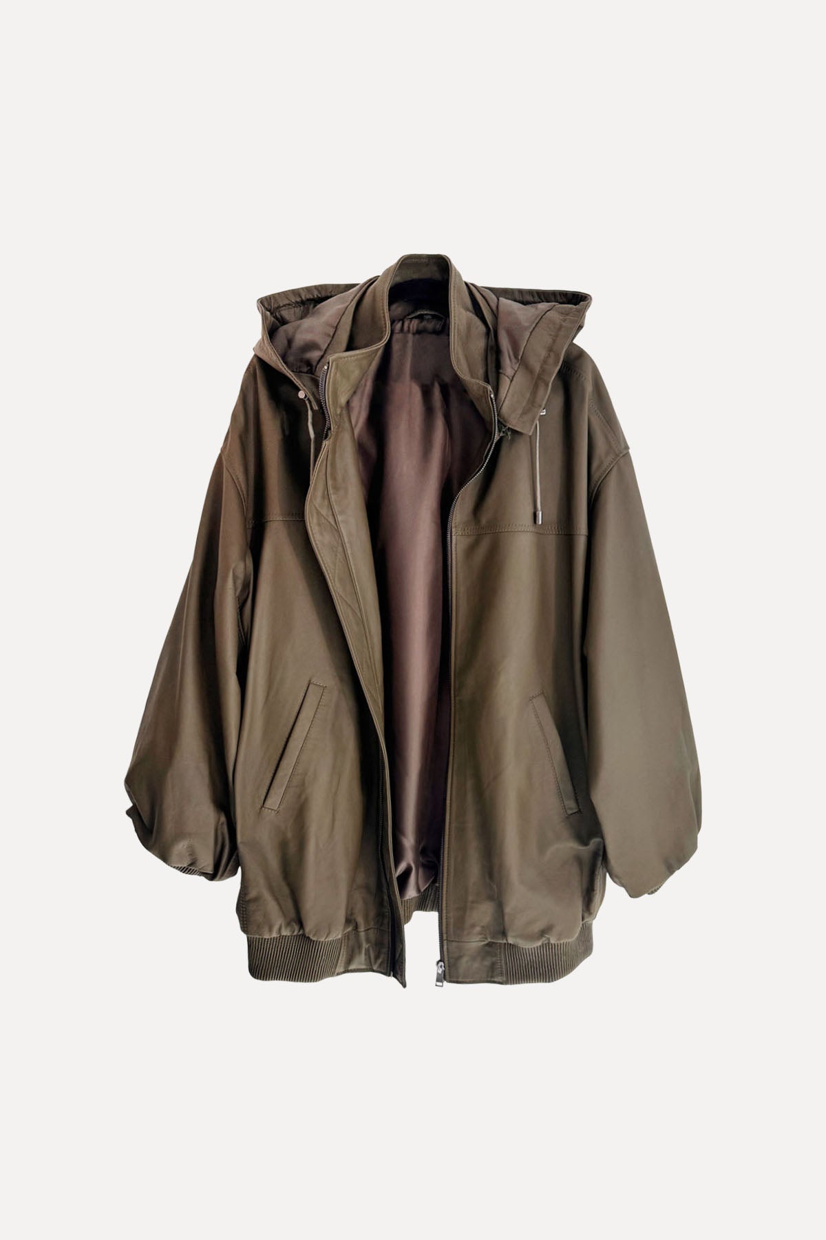 HOODED LEATHER BOMBER OLIVE
