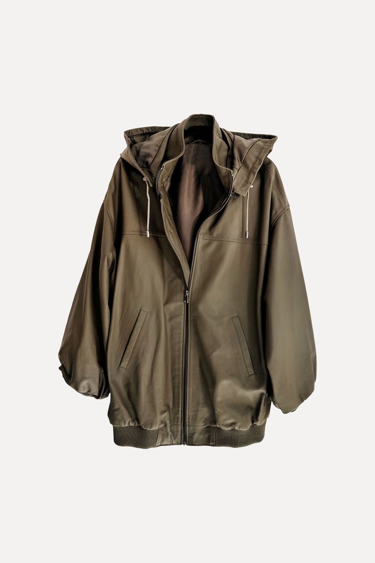 HOODED LEATHER BOMBER OLIVE