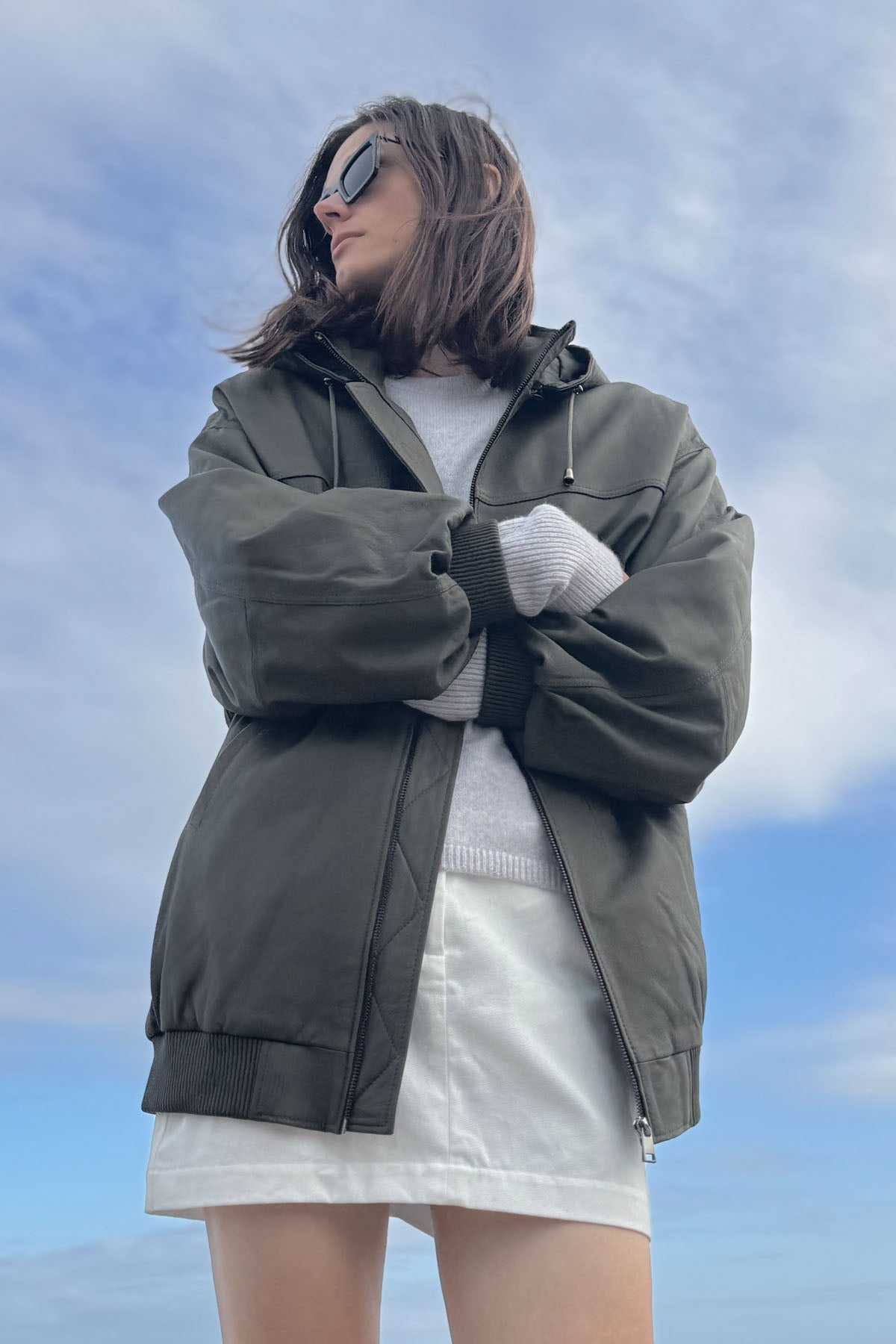 HOODED LEATHER JACKET OLIVE