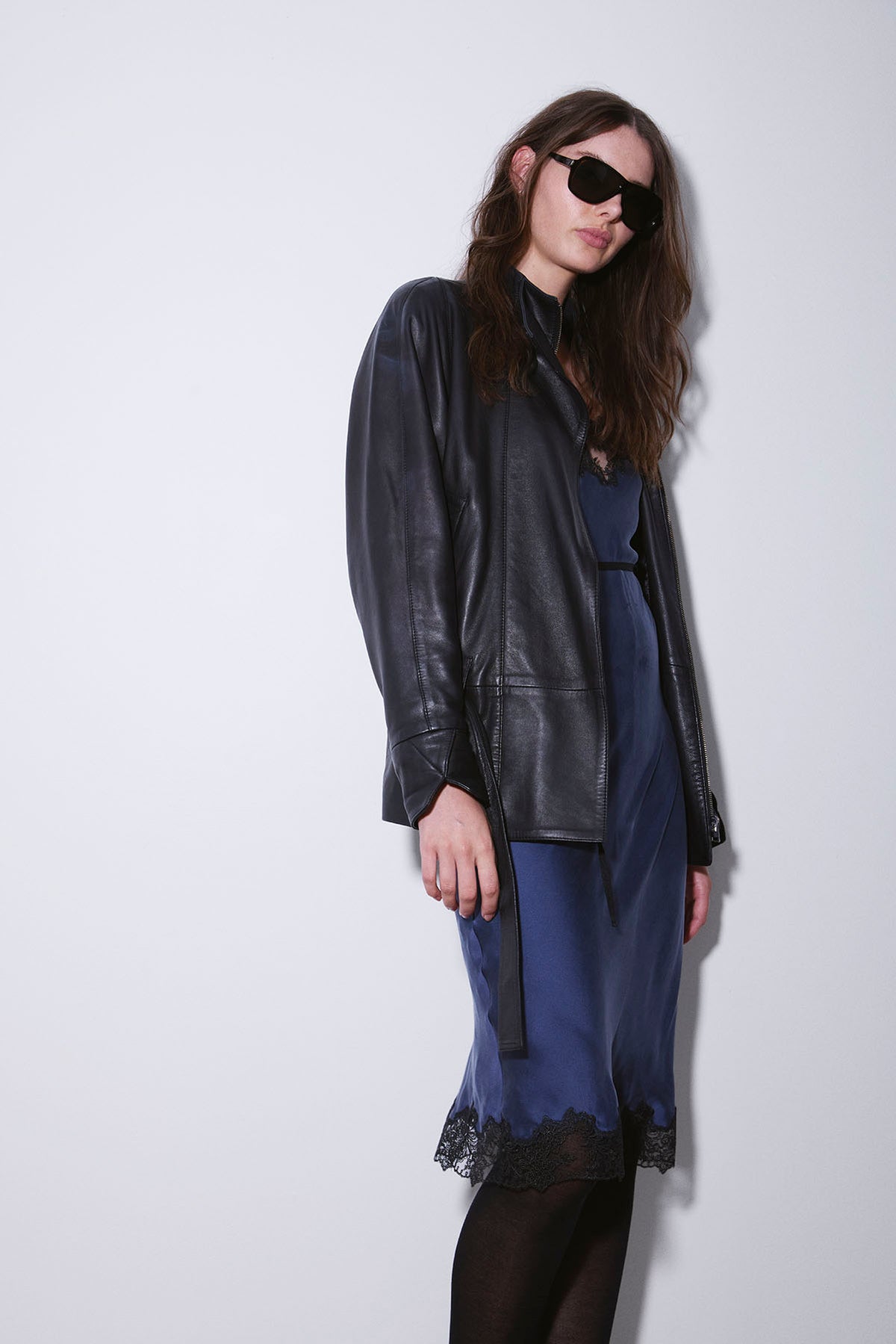 LACE SLIP DRESS BLUE SILK SATIN RUNWAY