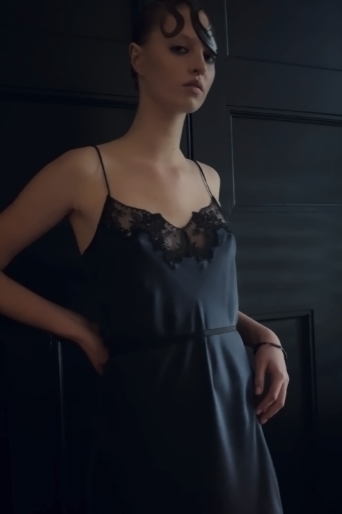 LACE SLIP DRESS BLUE SILK SATIN RUNWAY