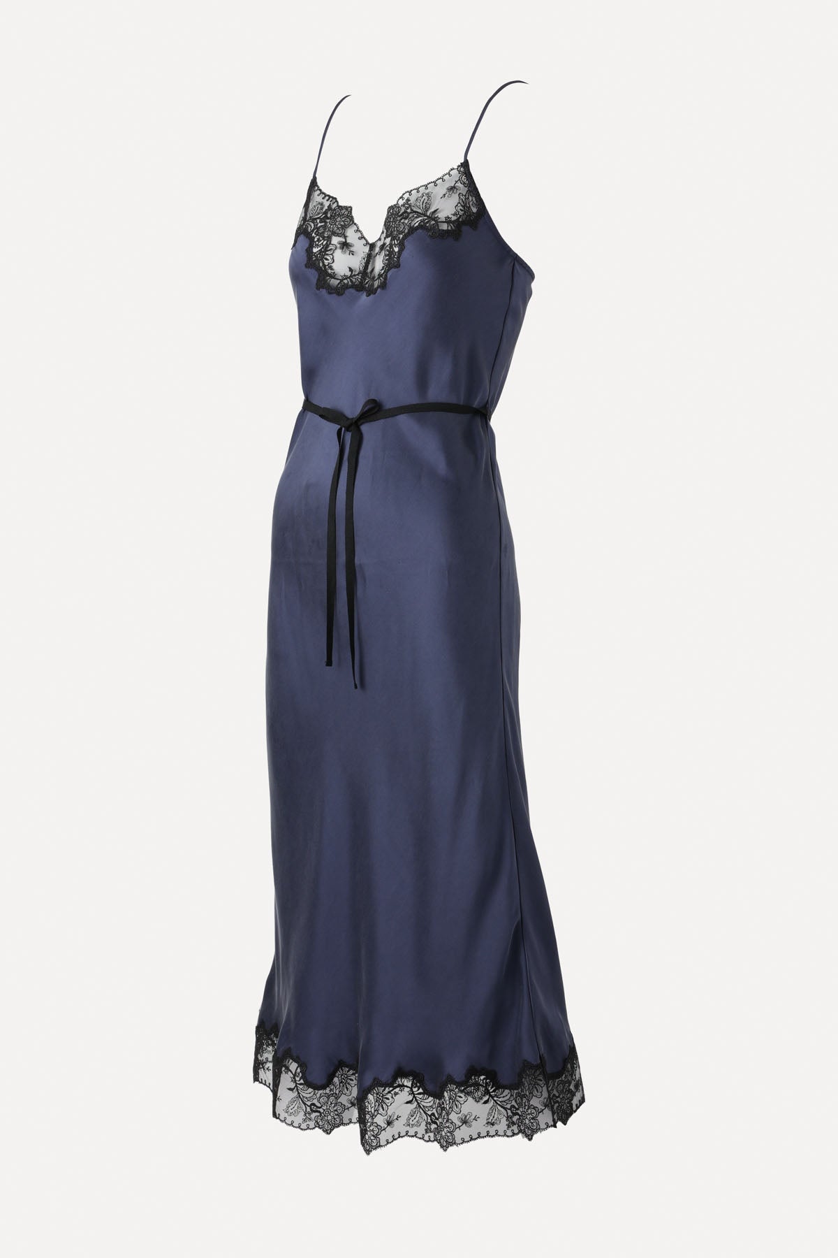 LACE SLIP DRESS BLUE SILK SATIN RUNWAY