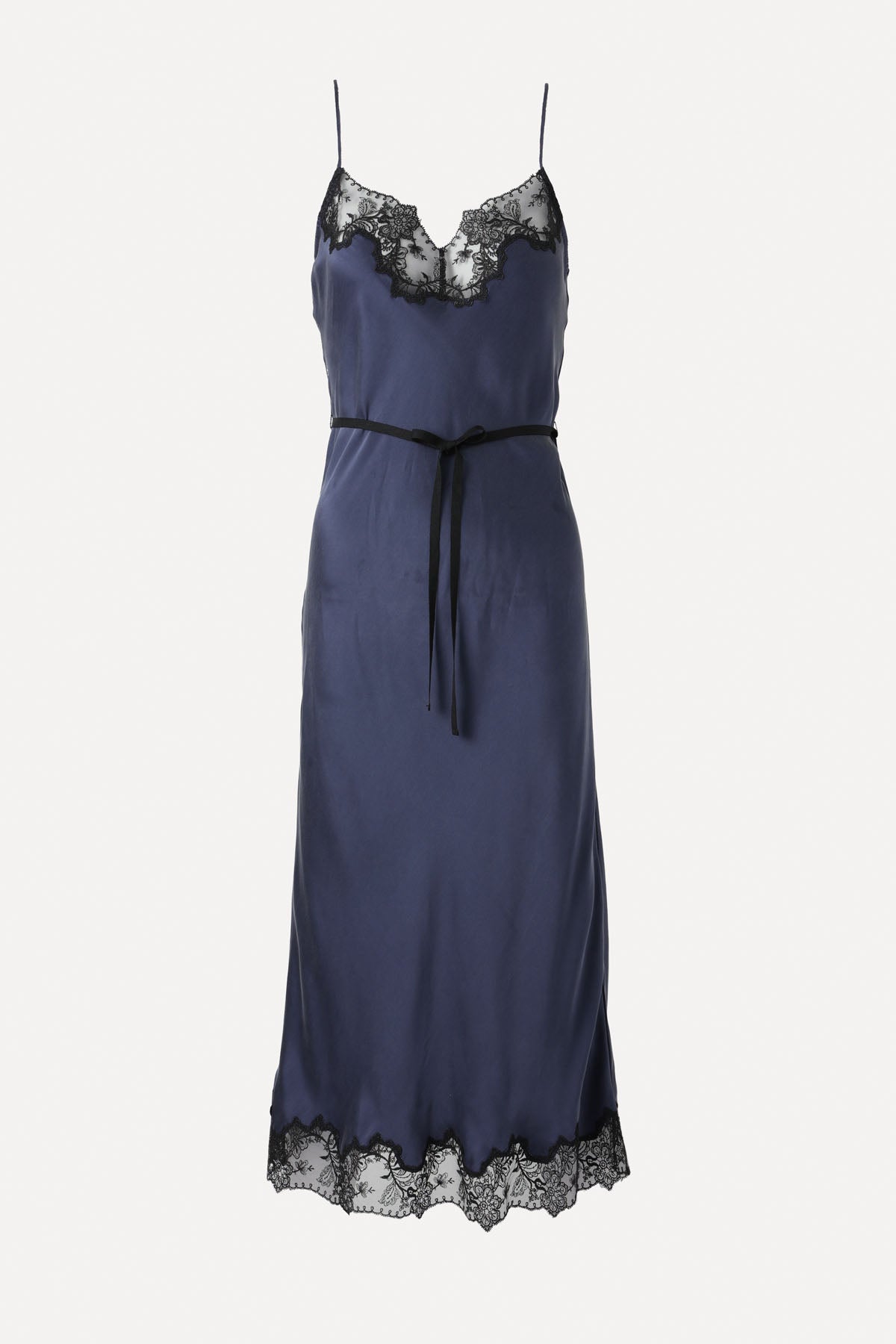 LACE SLIP DRESS BLUE SILK SATIN RUNWAY