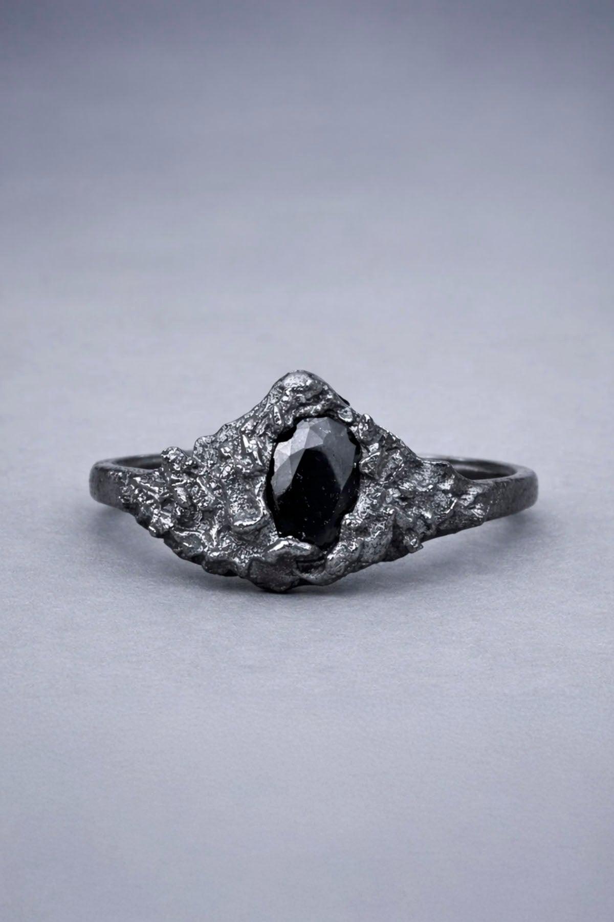 OBSIDIAN FORM OXIDISED SILVER & BLACK SAPPHIRE RING