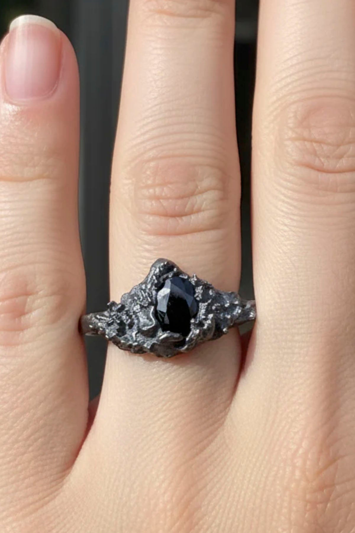 OBSIDIAN FORM OXIDISED SILVER & BLACK SAPPHIRE RING
