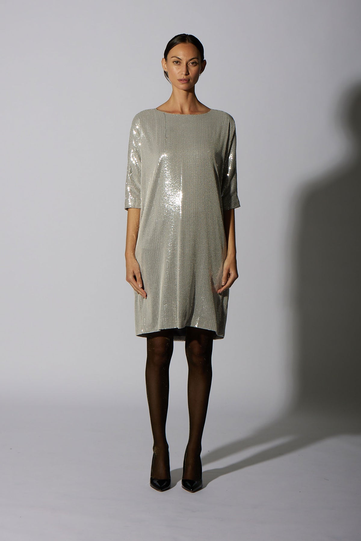SEQUIN SHIFT KNEE LENGTH SILVER