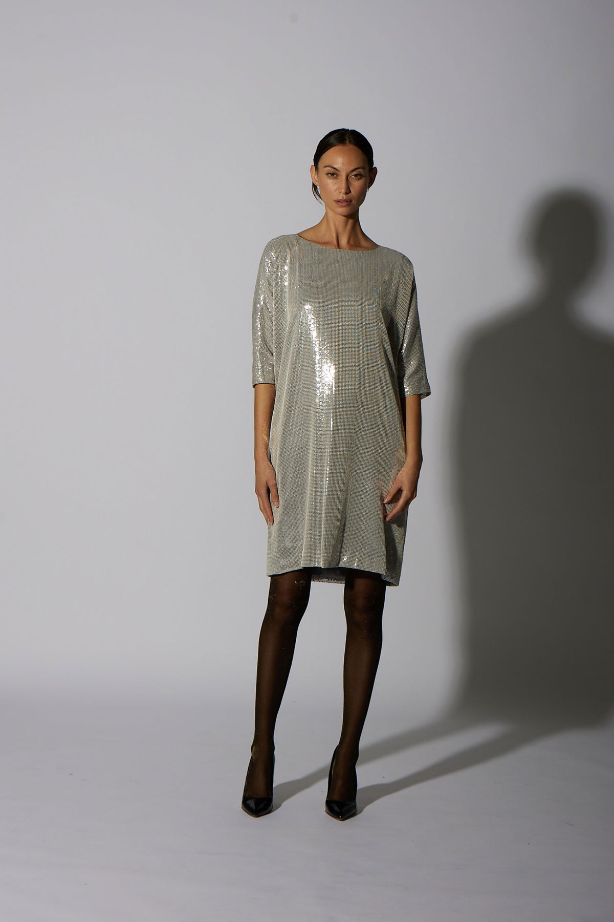 SEQUIN SHIFT KNEE LENGTH SILVER